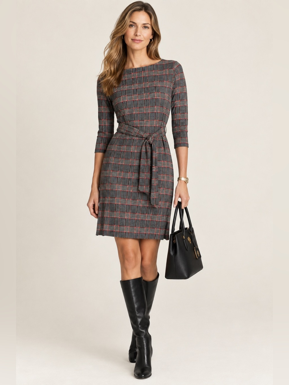 Papillon Glen Check Plaid Belted 3/4 Length Sleeve Dress M‎